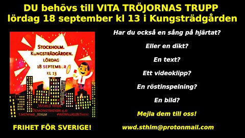 DU behövs till VITA TRÖJORNAS TRUPP 18 september kl 13 i Kungsträdgården!