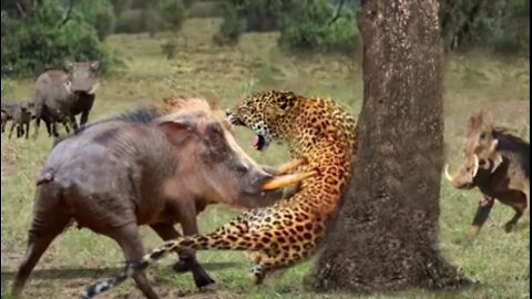 Angry warthog attaks leopard madly to save his baby