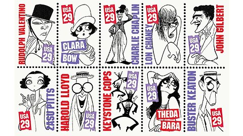 A Collection of US Stamps Illustrated by Al Hirschfeld Showcasing The Stars of the Silent Screen