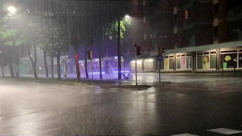 Heavy rain at night, close to Porta Sant'Isaia in Bologna.