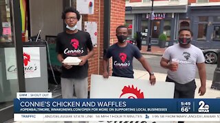Connie's Chicken and Waffles in Fells Pointsays "We're Open Baltimore!"