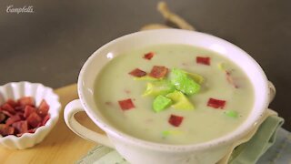 Cream of Poblano Chili with Avocado and Turkey Bacon