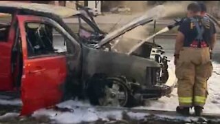 Thermos bottle in burning car keeps ice from melting