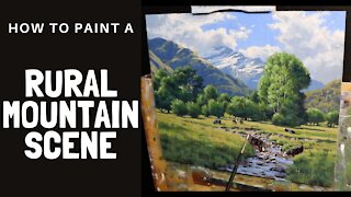 How to Paint a RURAL MOUNTAIN SCENE - Tips For Painting Distant Mountains, Trees, Grass and Cows.