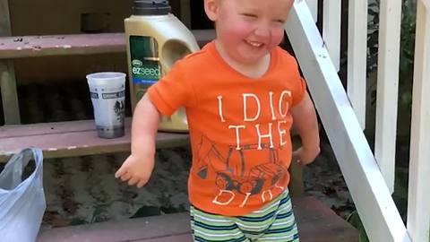 Little Boy Blown Away With Air Leaf Blower