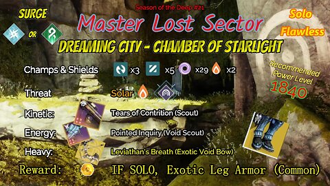 Destiny 2 Master Lost Sector: Dreaming City - Chamber Starlight on Void Hunter Solo-Flawless 8-4-23