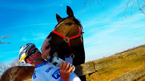 Horse tries to eat cyclist's water bottle and camera