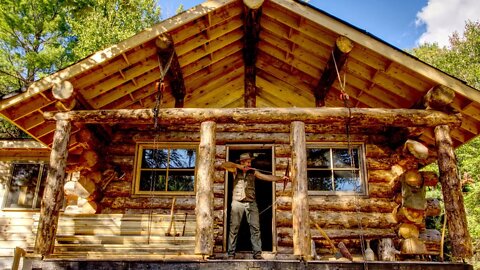 Porch Overhang, Install Windows, Stone Floor, Garden Harvest, Off Grid Log Cabin Build Alone, Ep 23