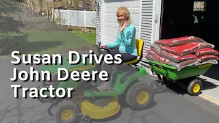 Susan Drives John Deere S120 Lawn Tractor Pulling Trailer Cart