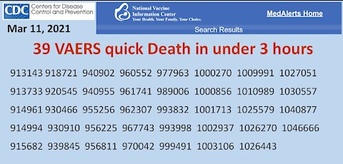 CDC VAERS 39 Deaths in under 3 hours!