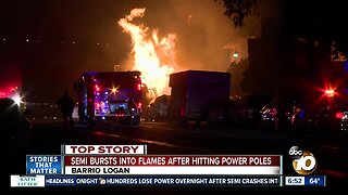 Driver escapes serious injury after semi-truck crashes into power poles, bursts into flames