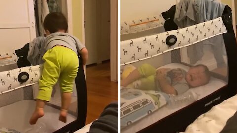 Baby's Risky Attempt To Get Into Crib Ends In Epic Fall