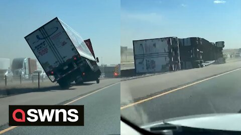 Shocking moment truck is blown onto its side by strong wind on Colorado highway