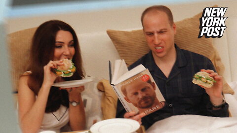 Kate and William lookalikes read 'Spare,' eat burgers in bed