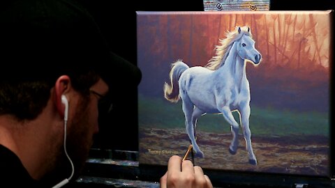 Acrylic Wildlife Painting of a Galloping White Horse - Time Lapse - Artist Timothy Stanford