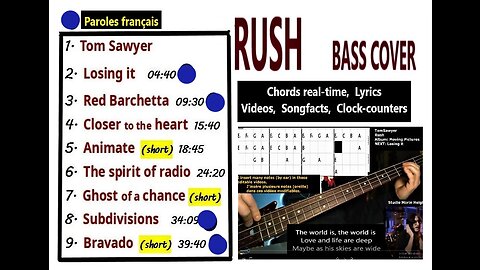 Bass cover RUSH 9 songs _ Chords real-time, Lyrics, Videos, MORE