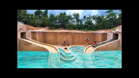 Summer Living 185Days in 1M Dollars Underground House Building Water Slide into Giant Swimming Pool