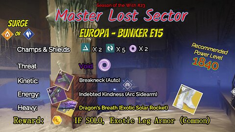 Destiny 2 Master Lost Sector: Europa - Bunker E15 on my Arc Hunter 5-15-24