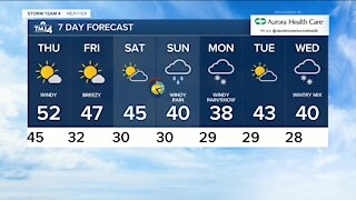 Following overnight showers, Thursday is sunny with a high of 52