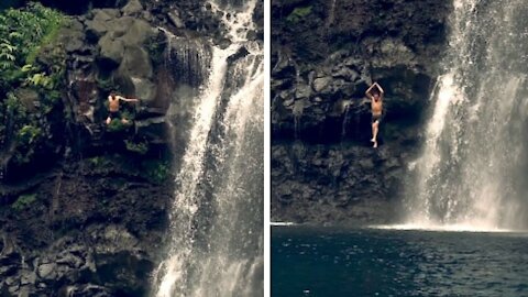 MAN DIVING IN SLOW MOTION IN RELAXING WATERFALL 😱