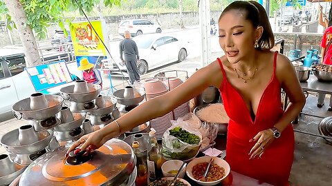 Lots Of Meat Are Served By Thailand Lady Owner - Thai Street Food