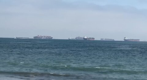 String of Chinese Container Ships Anchored Outside of San Jose Port