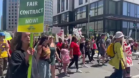 Oakland educators and supporters are rallying at Lake Merritt on the 7th day...