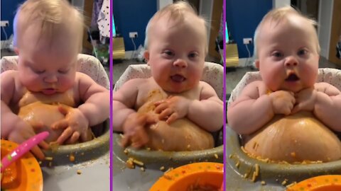 Adorable Baby Rubbing His Food Over His Belly Is Too funny! 🤣🤣🤣