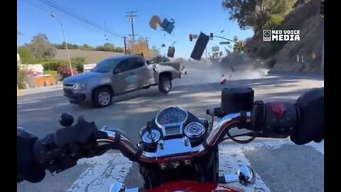 Terrifying POV Moment: Motorcyclist Gets Smashed By Flying Pick-Up & Launched Stepladder