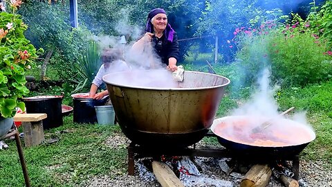 Cooking Plum Sauce in the Viking Cauldron