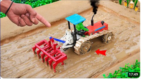 diy mini tractor dengerous stuck in mud with plough machine | science project