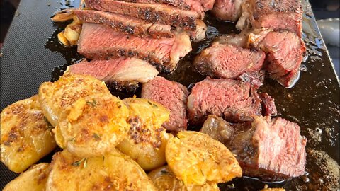 Smoked reverse seared cowboy steak and crispy potatoes