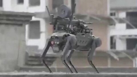 Robot Attack Dog With Machine Gun Dropped Off By Drone