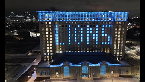 Michigan Central Station Lit Up with “LIONS” Light Display in Support of Detroit Lions