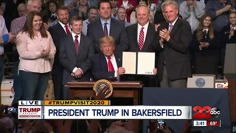 President Donald Trump addresses local farmers in Kern County