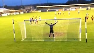 Badly taken penalty destroys football stadium light