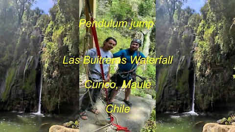 Pendulum jump at las Buitreras Waterfall in Curico city, Maule, Chile