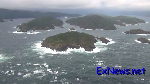 Stormy Salish Sea British Columbia - Helicopter flies over rough seas, Ferry, tugboat, barge, birds