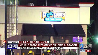 Car crashes into building, strikes high pressure gas line in Towson