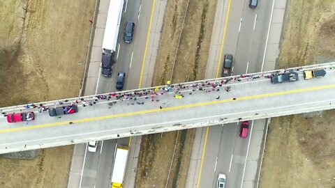 Drone Footage of The People's Convoy -- Columbus, Ohio -- Overpass Flag Wave