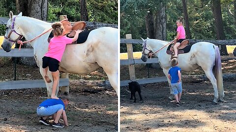 Awesome Brother Assists Sister In Horseback Adventure