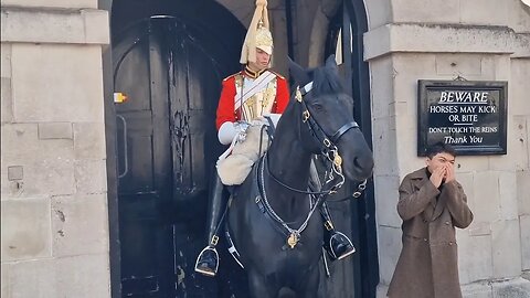 Tourist laughs in to his hands when the kings guard shouts get off the reins #horseguardsparade