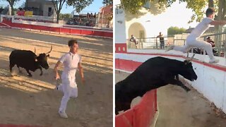 Bullfighter has terrifyingly close call with angry bull