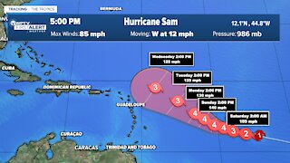 Hurricane Sam's winds increase to 85 mph