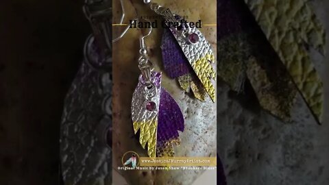 PURPLE AND GOLD, 1 inch, leather feather earrings