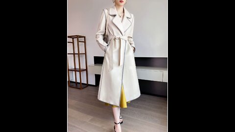 Spring Autumn Long Faux Leather Trench Coat for Women Clothing (Color : A, Size : L Code)