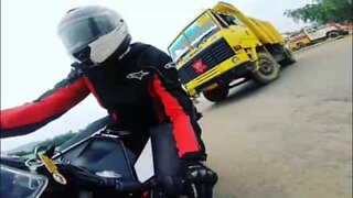 Biker's amazing reflexes avoid serious accident