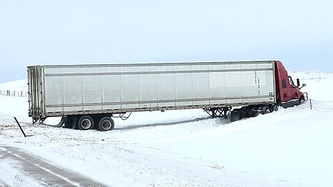 Big Rig Semi Truck Tractor Trailer Runs Off Road From Ice & Wind I-90 South Dakota