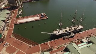 Drone footage shows empty Baltimore Inner Harbor area during COVID-19 pandemic