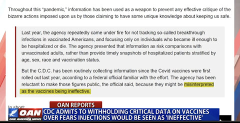 CDC Admits They Are Withholding Data Over Fears That the Vaccines Are Interpreted as Ineffective